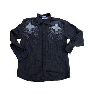 FRANKY MAX Rhinestone Cross Button Down Shirt Mens XL Black Textured Long Sleeve